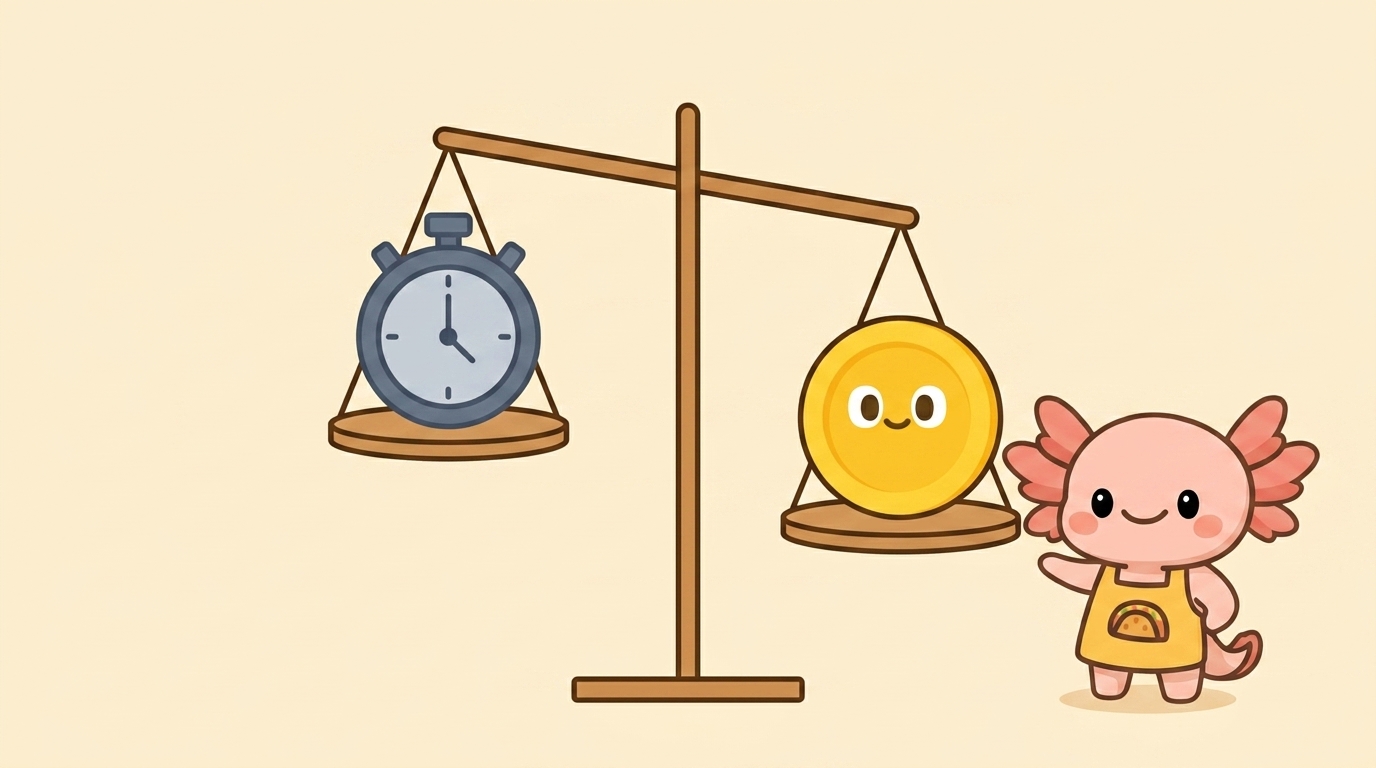 A balance scale weighing a plain grey stopwatch against a smiling gold coin character — the coin side tips down as the winner — with the AxoHabit axolotl mascot standing beside the scale