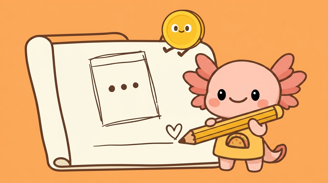 The AxoHabit axolotl holding a large yellow pencil and sketching a simple app wireframe in an open notebook, with a smiling gold coin character peeking over the top of the page