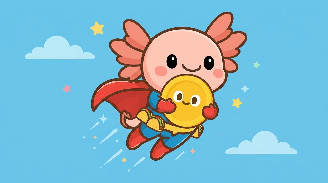 A superhero version of the AxoHabit axolotl flying through a blue sky while carrying a smiling gold coin character
