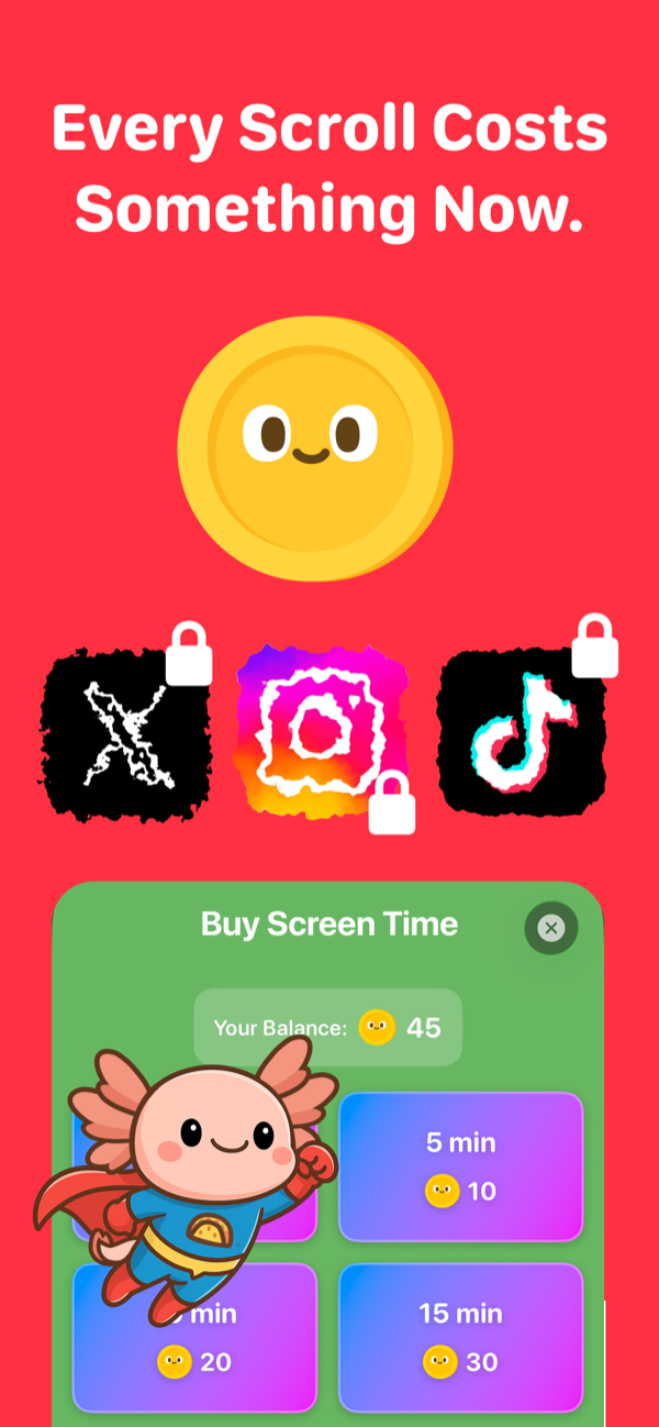 Captura de AxoHabit titulada 'Cada scroll ahora cuesta algo' mostrando Instagram, TikTok y X bloqueados junto a una tienda para comprar tiempo en pantalla con paquetes de monedas