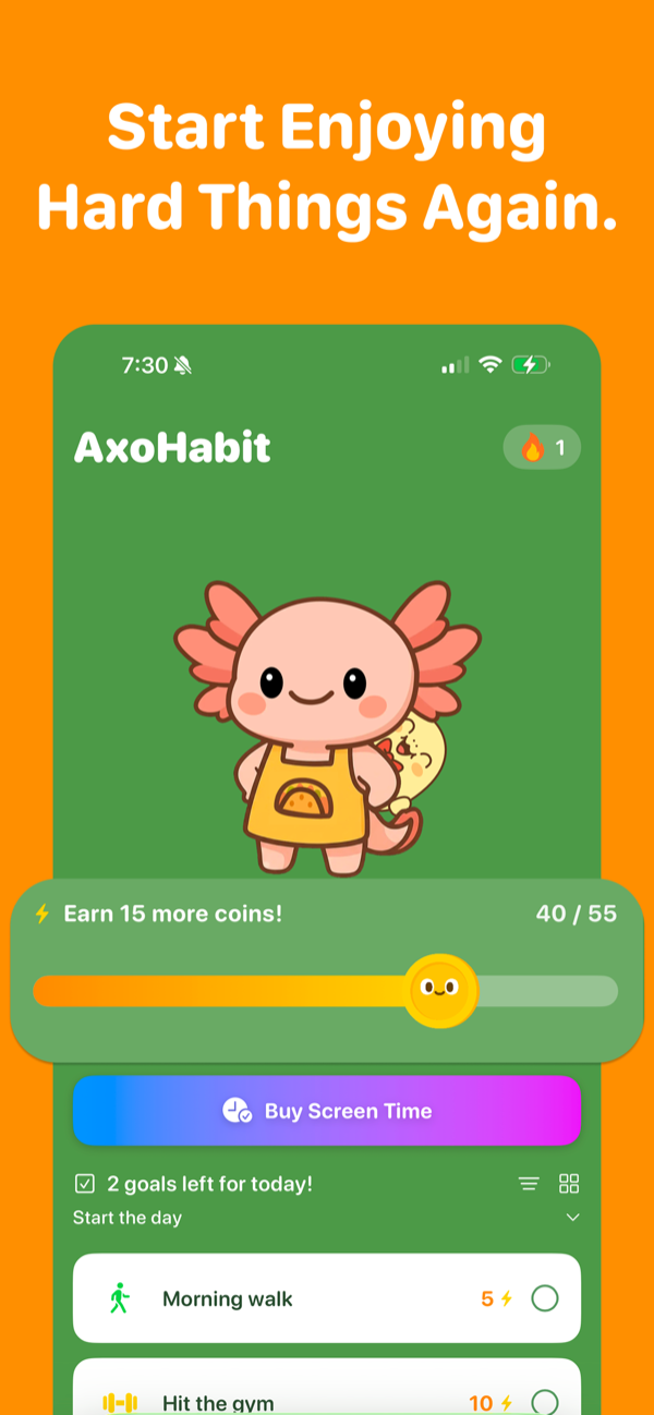 Pantalla principal de AxoHabit titulada 'Empieza a disfrutar las cosas difíciles otra vez' mostrando una barra de progreso de monedas en 40 de 55 y metas diarias como Caminata matutina y Ir al gimnasio