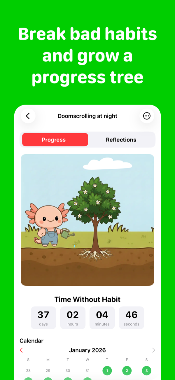 Captura de AxoHabit titulada 'Rompe malos hábitos y haz crecer un árbol de progreso' mostrando el hábito 'Doomscrolling at night' con un árbol creciendo y una racha de 37 días