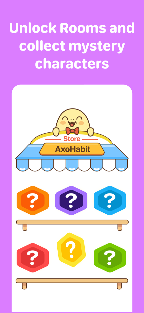 Captura de AxoHabit titulada 'Desbloquea cuartos y colecciona personajes misteriosos' mostrando la tienda de AxoHabit con cajas de personajes misteriosos